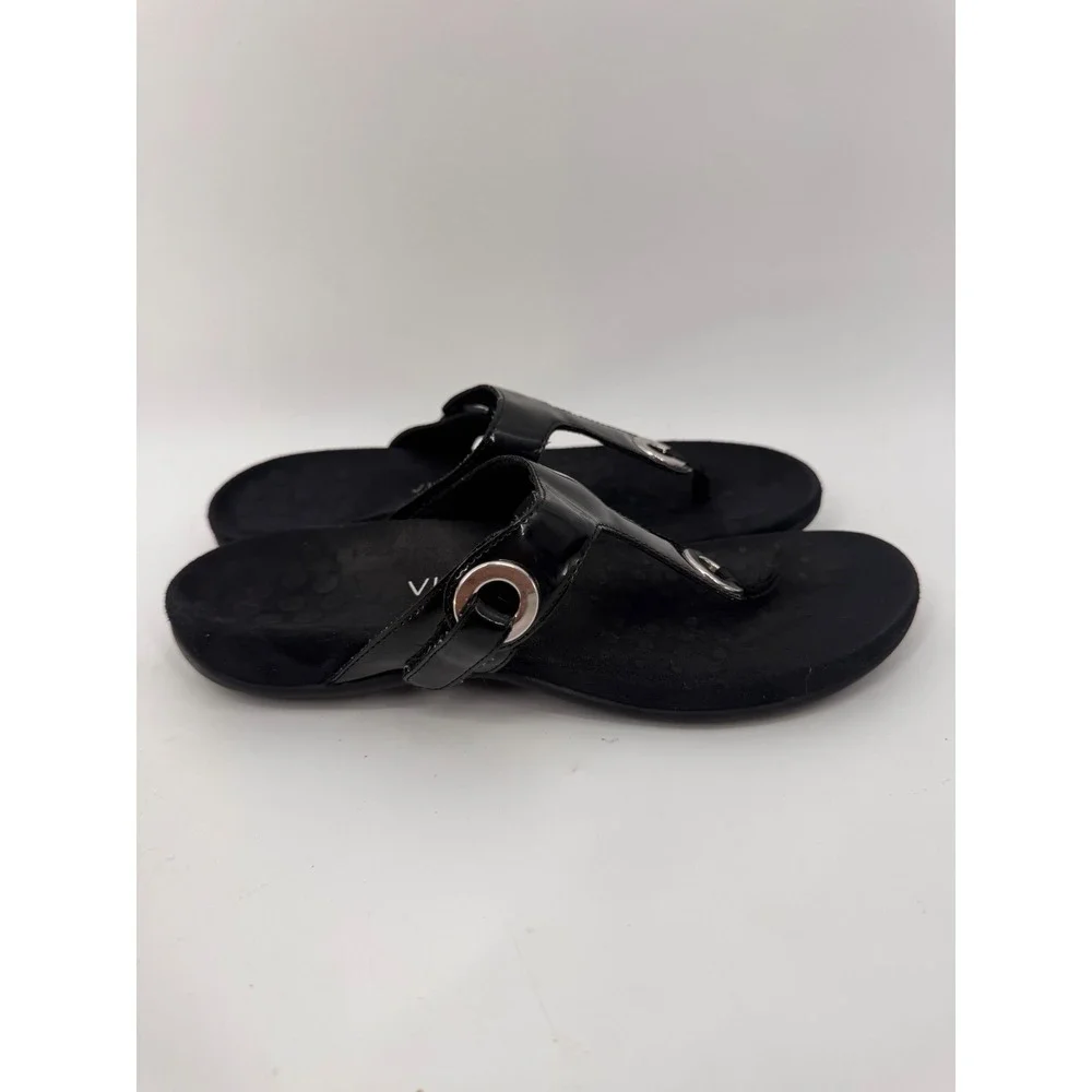 Vionic Lana Sandals Women Size 9 Black Patent Orthopedic Thong Flip Flops